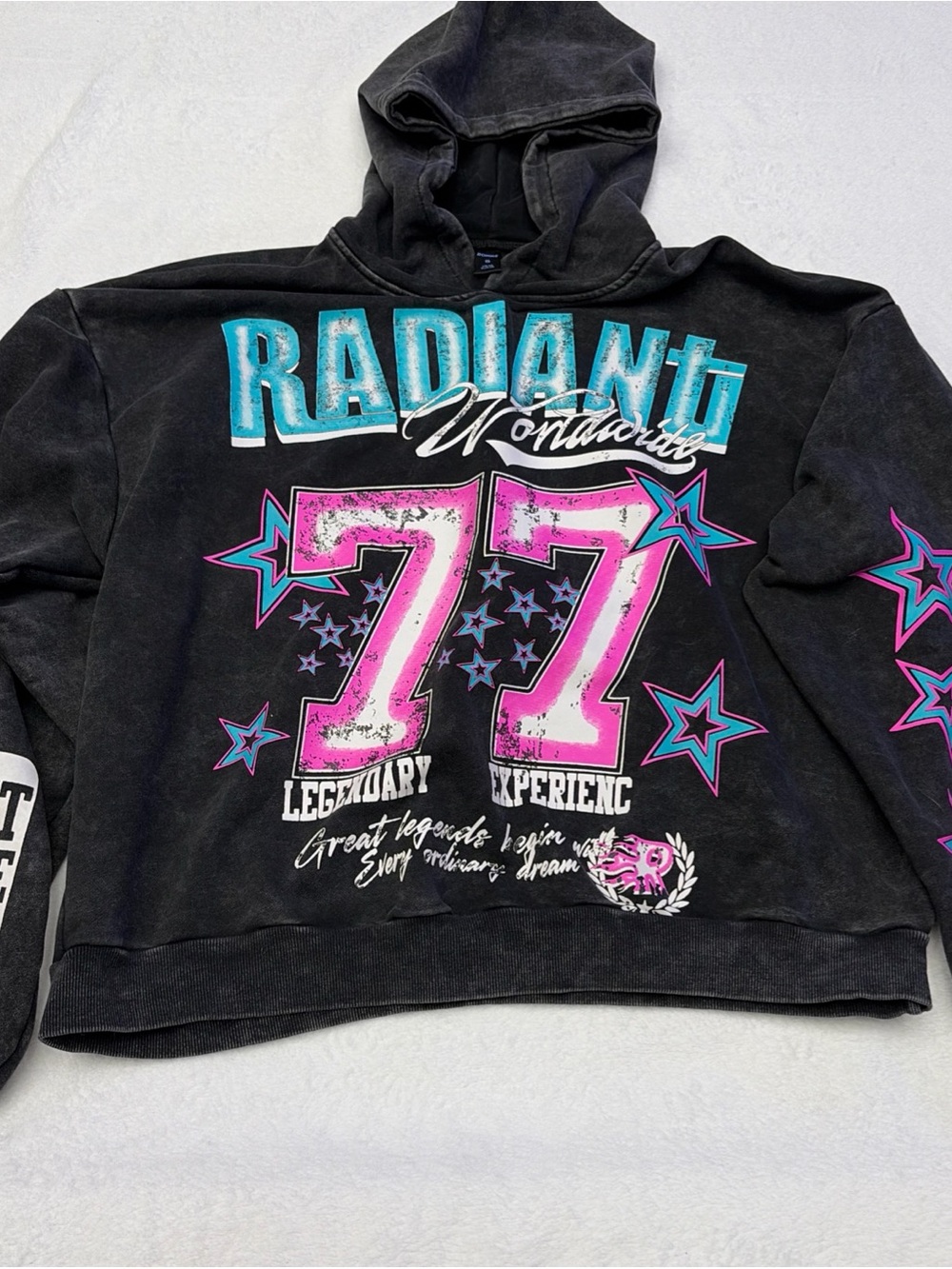 Radiant Worldwide '77 Graphic Hoodie - Black with Pink & Teal Accents
